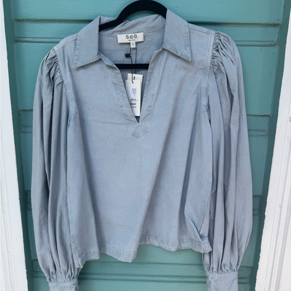 Sea New York Blue Balloon Sleeve Blouse with Notched Collar